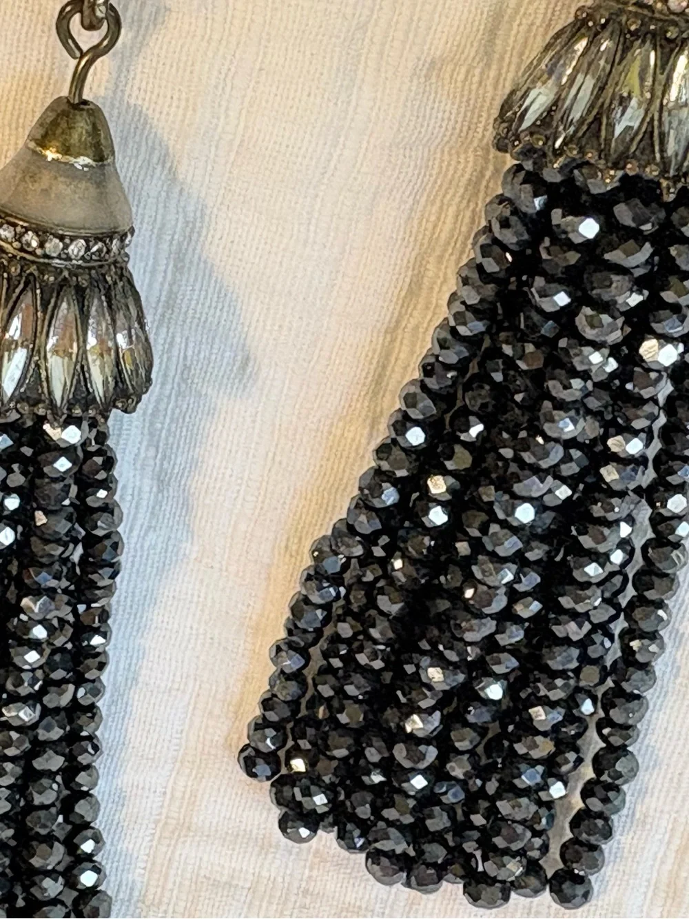 Vtg Tassel Pierced Earrings Rhinestones Black Jet Beads Boho  Anthro Style 1990s